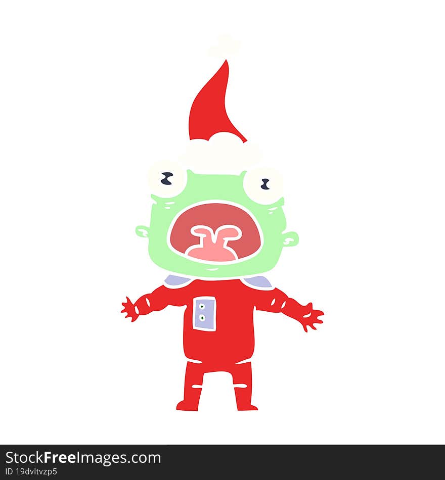 Flat Color Illustration Of A Weird Alien Communicating Wearing Santa Hat