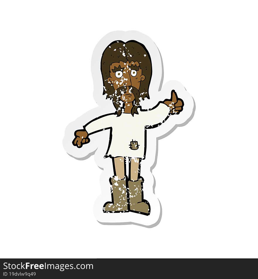 retro distressed sticker of a cartoon hippie man giving thumbs up symbol