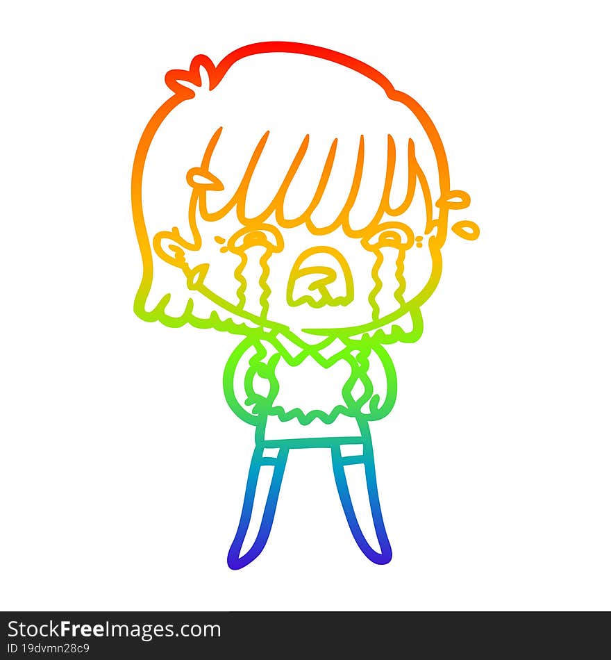 rainbow gradient line drawing of a cartoon girl crying