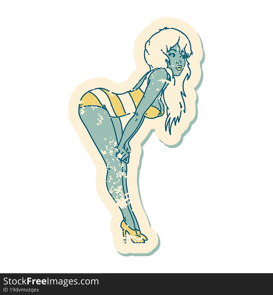 iconic distressed sticker tattoo style image of a pinup girl in swimming costume. iconic distressed sticker tattoo style image of a pinup girl in swimming costume