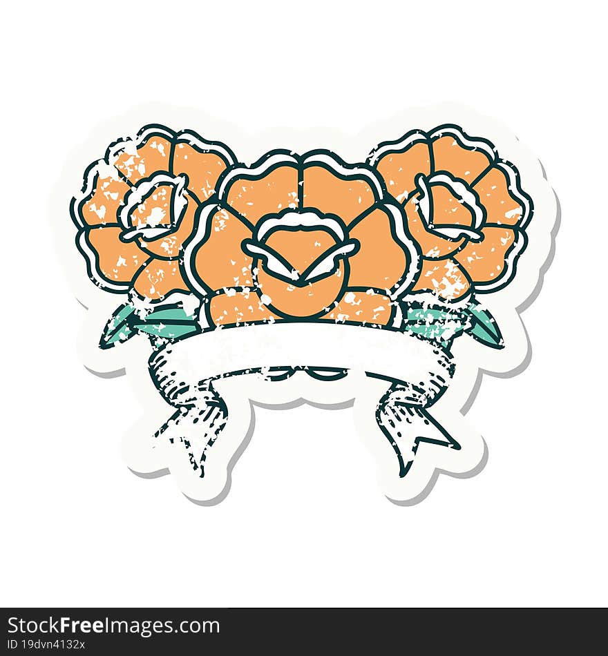 grunge sticker with banner of a bouquet of flowers