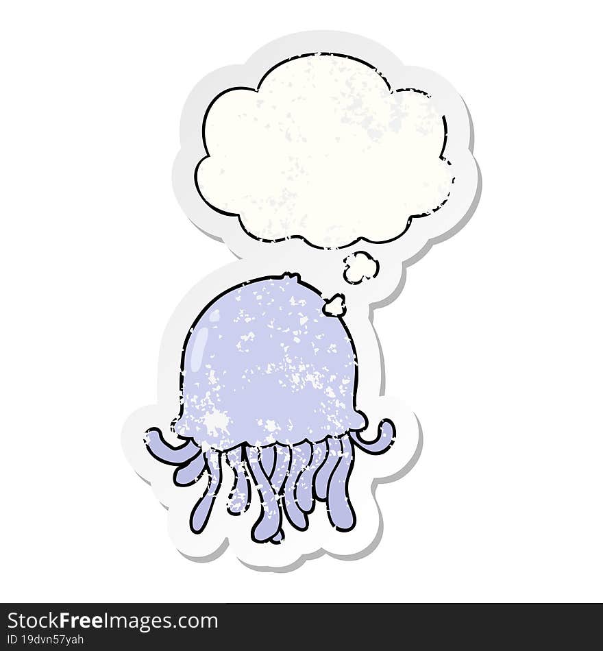 Cartoon Jellyfish And Thought Bubble As A Distressed Worn Sticker