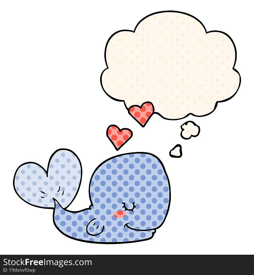 cartoon whale in love and thought bubble in comic book style