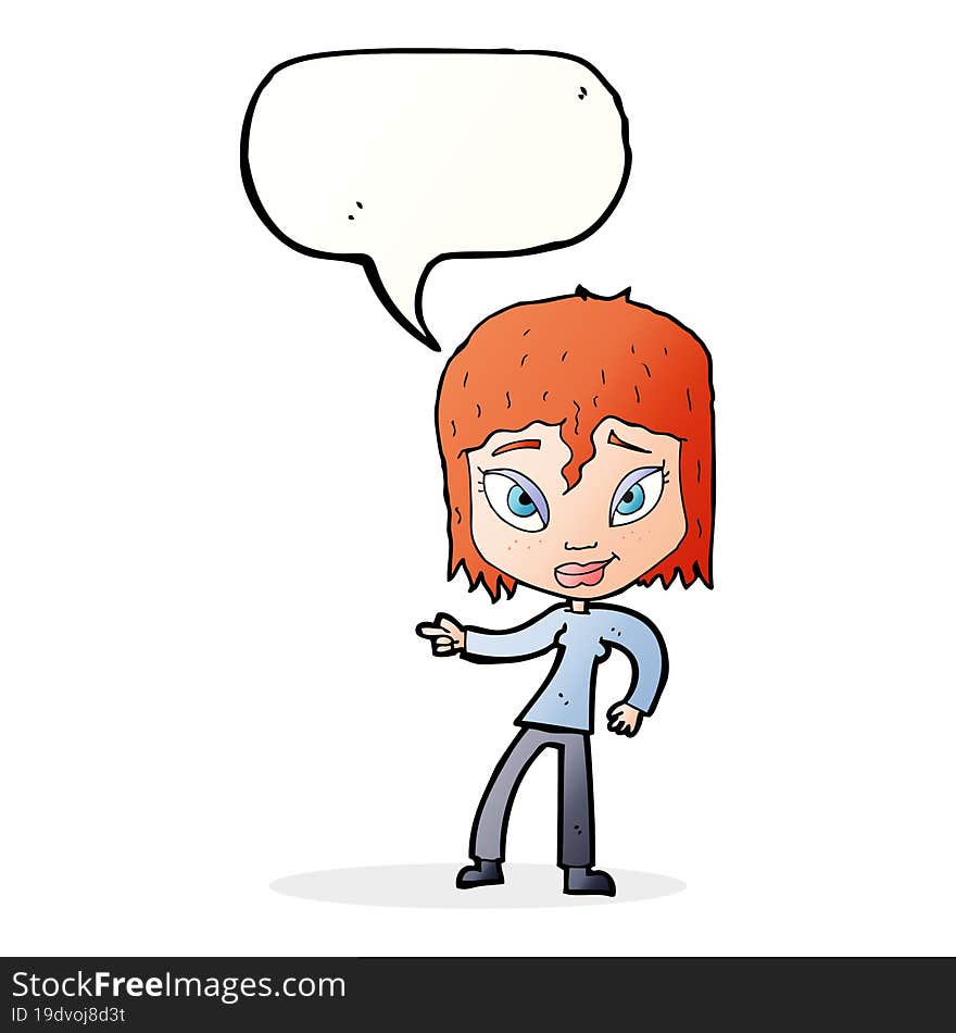 Cartoon Relaxed Woman Pointing With Speech Bubble