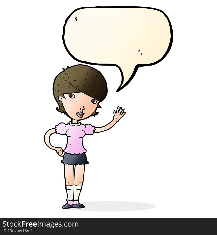 cartoon girl waving with speech bubble