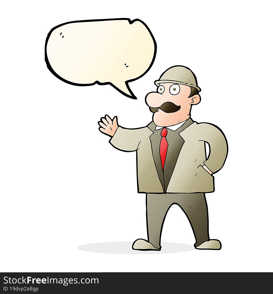 cartoon sensible business man in bowler hat with speech bubble