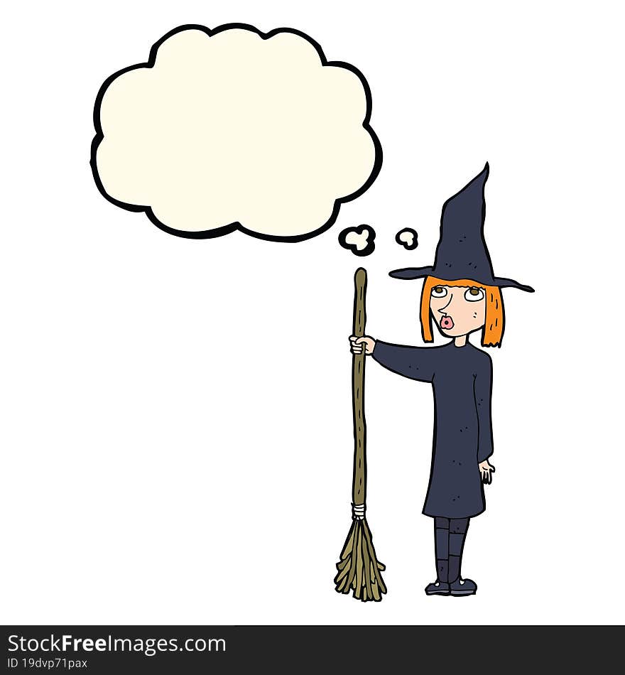 cartoon witch with thought bubble