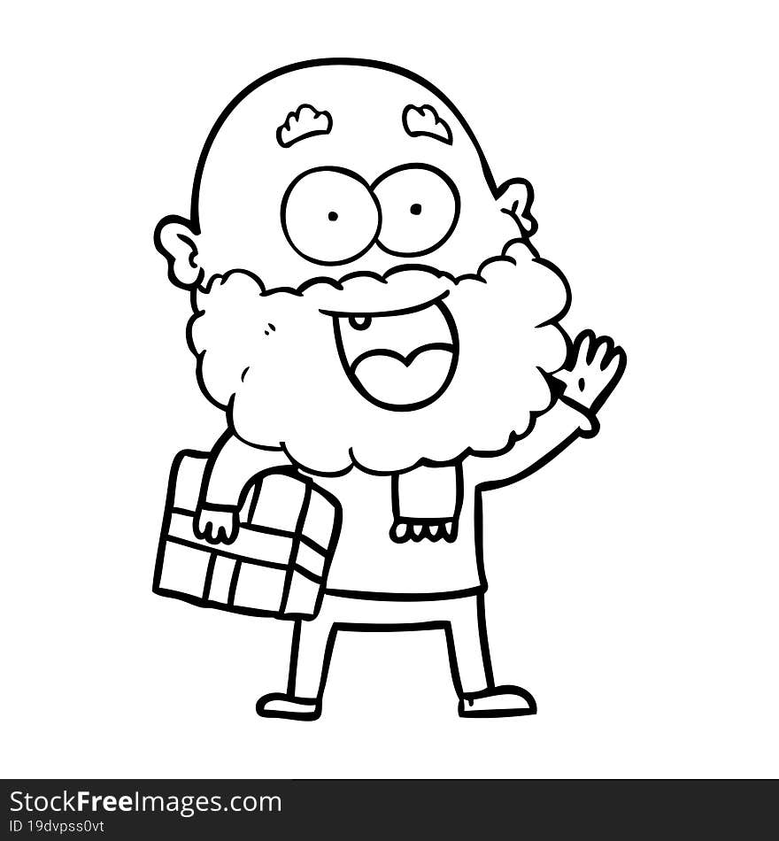 cartoon crazy happy man with beard and gift under arm. cartoon crazy happy man with beard and gift under arm