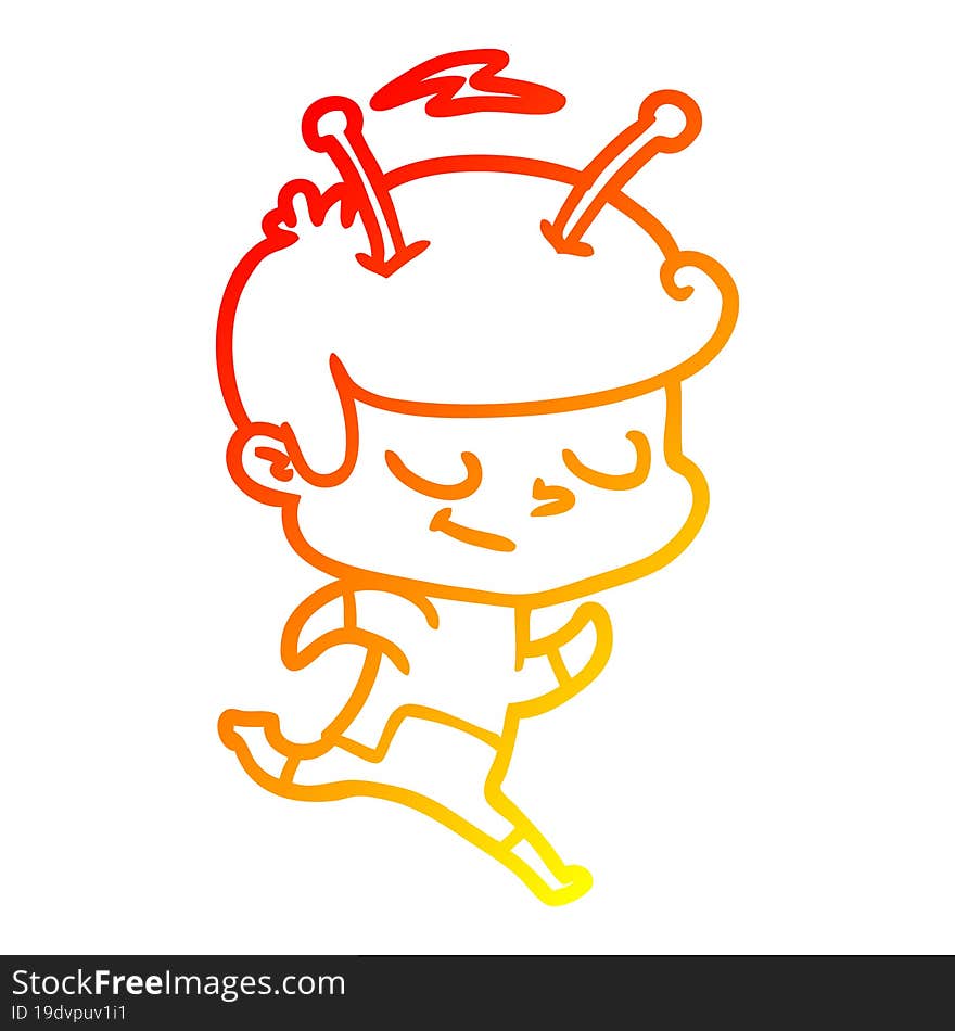 warm gradient line drawing of a friendly cartoon spaceman running