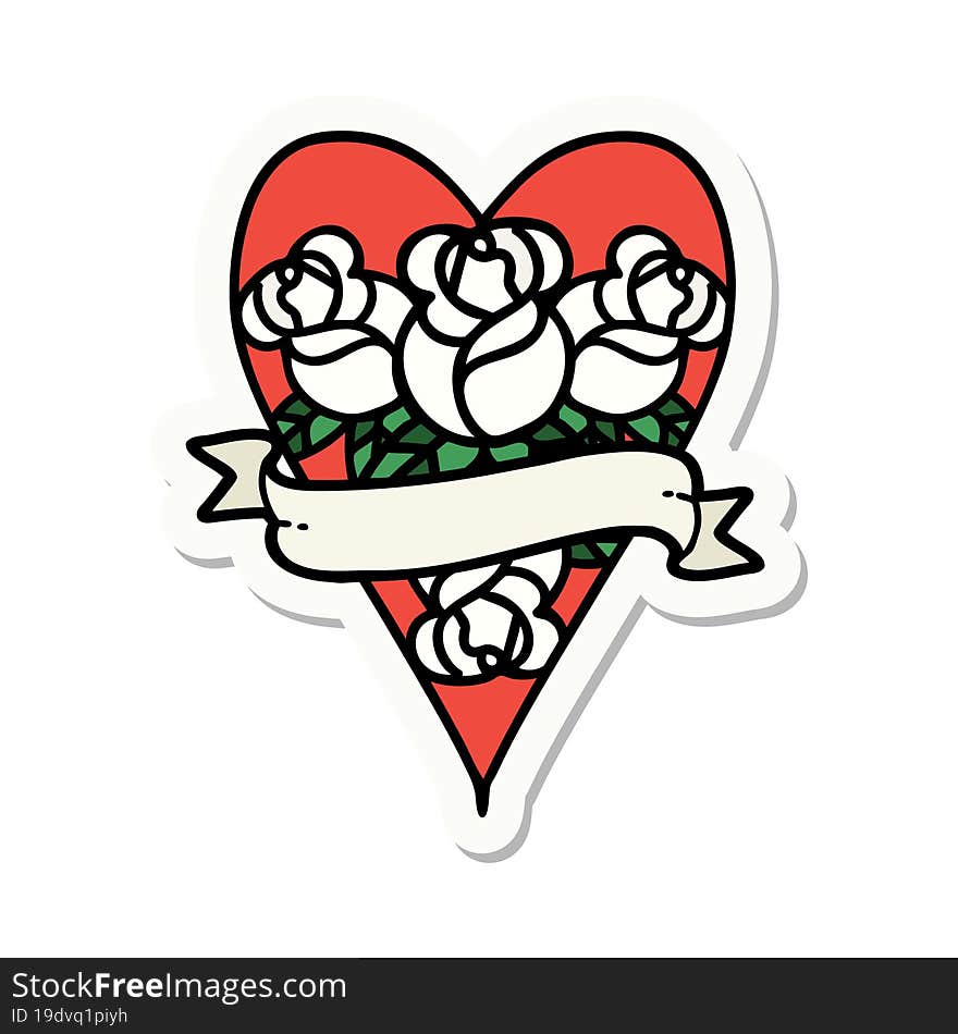 sticker of tattoo in traditional style of a heart and banner with flowers. sticker of tattoo in traditional style of a heart and banner with flowers