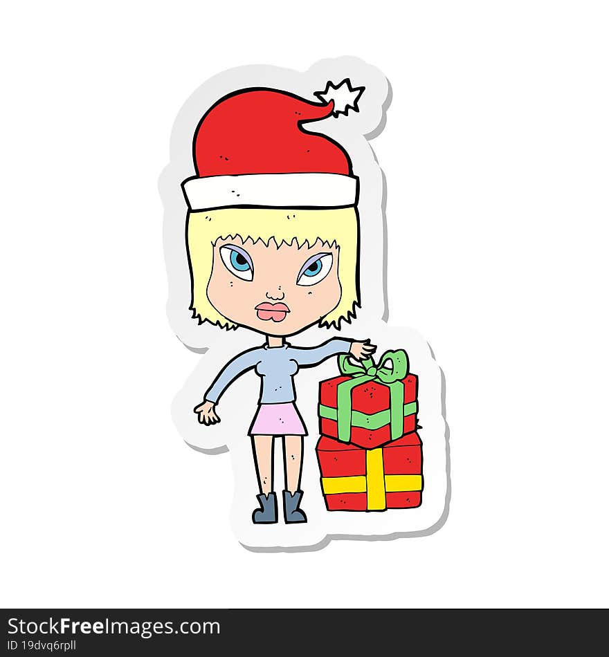 sticker of a cartoon woman with present