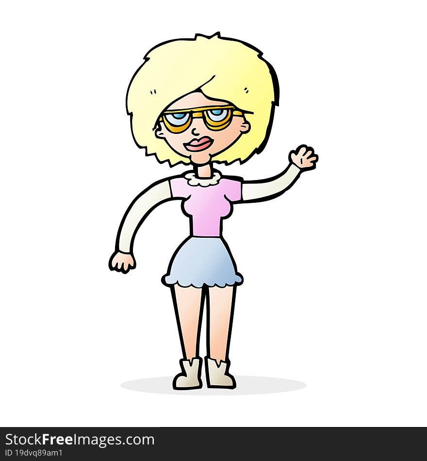 Cartoon Waving Woman Wearing Spectacles