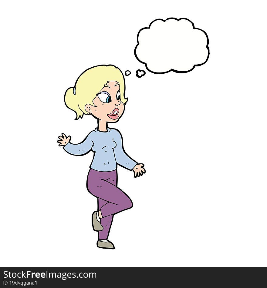 cartoon friendly woman waving with thought bubble