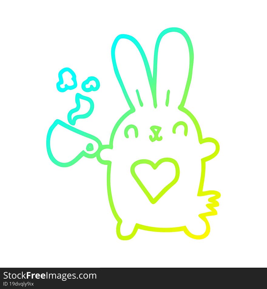 cold gradient line drawing cute cartoon rabbit with love heart and coffee cup