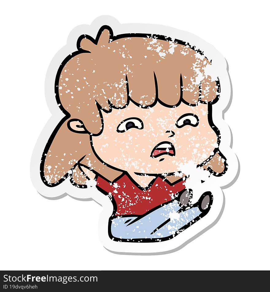 distressed sticker of a cartoon worried woman