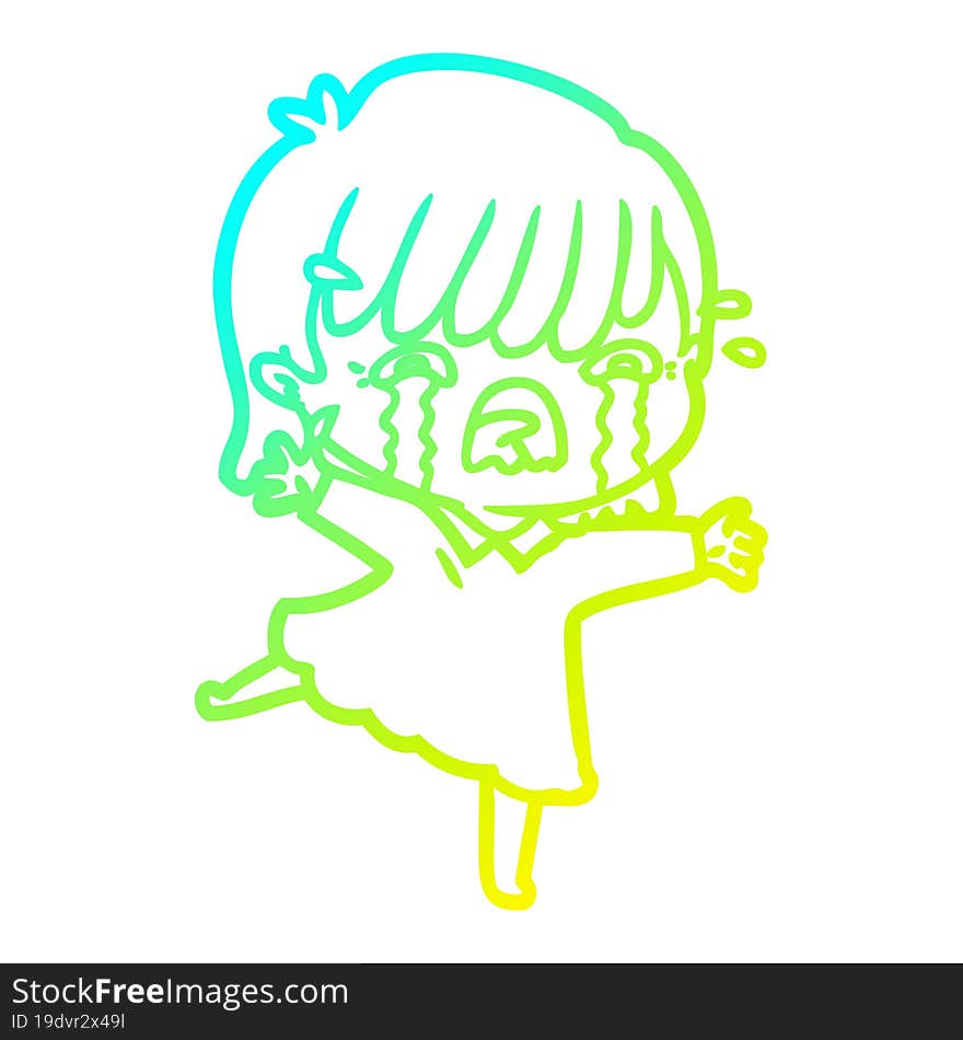 cold gradient line drawing of a cartoon girl crying