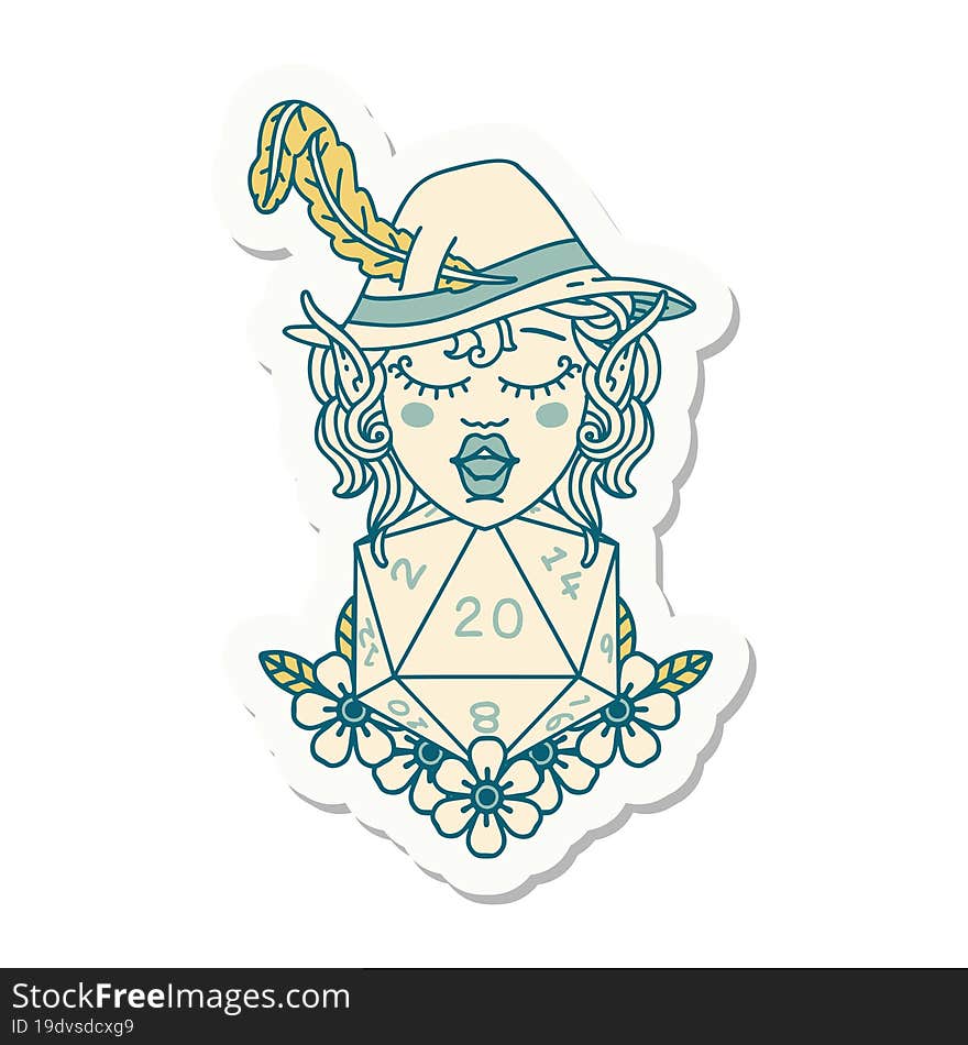 elf bard character with natural twenty dice roll sticker