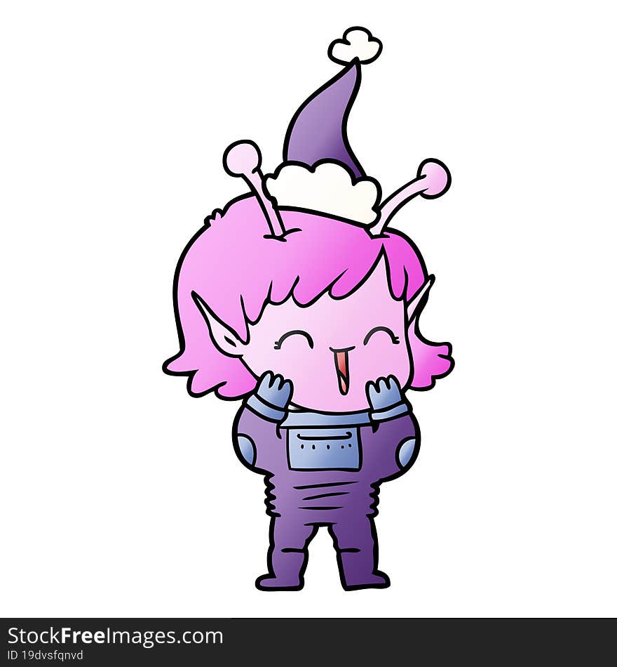 gradient cartoon of a alien girl giggling wearing santa hat