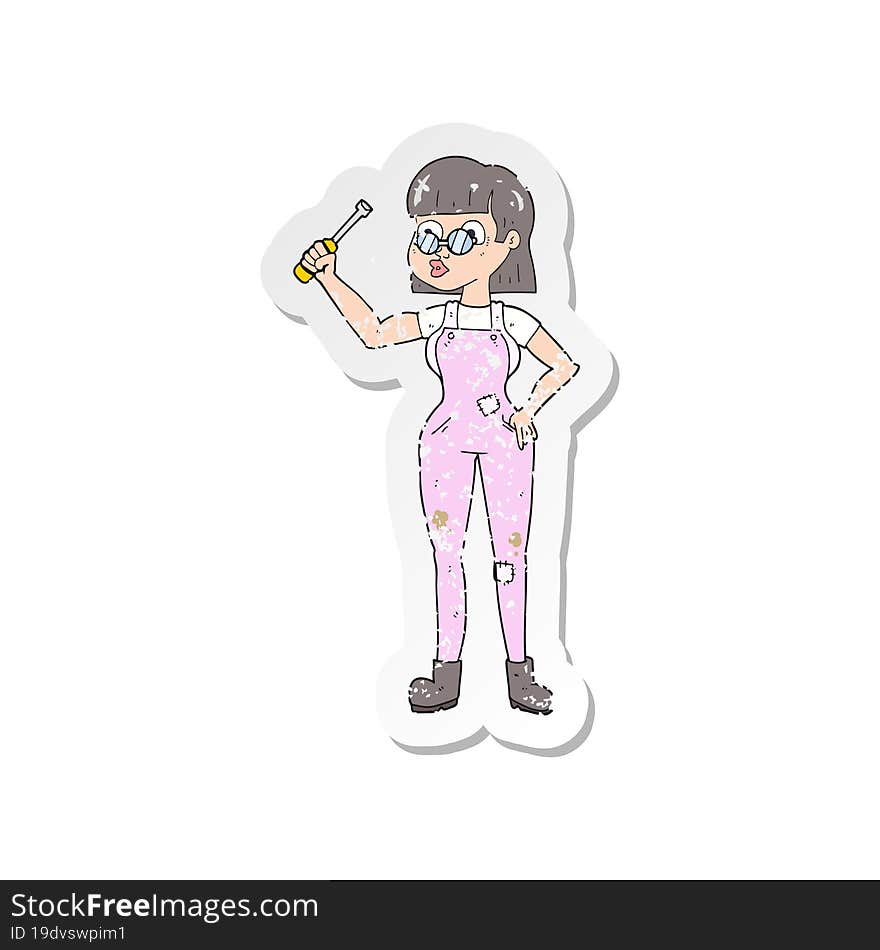 retro distressed sticker of a cartoon female mechanic