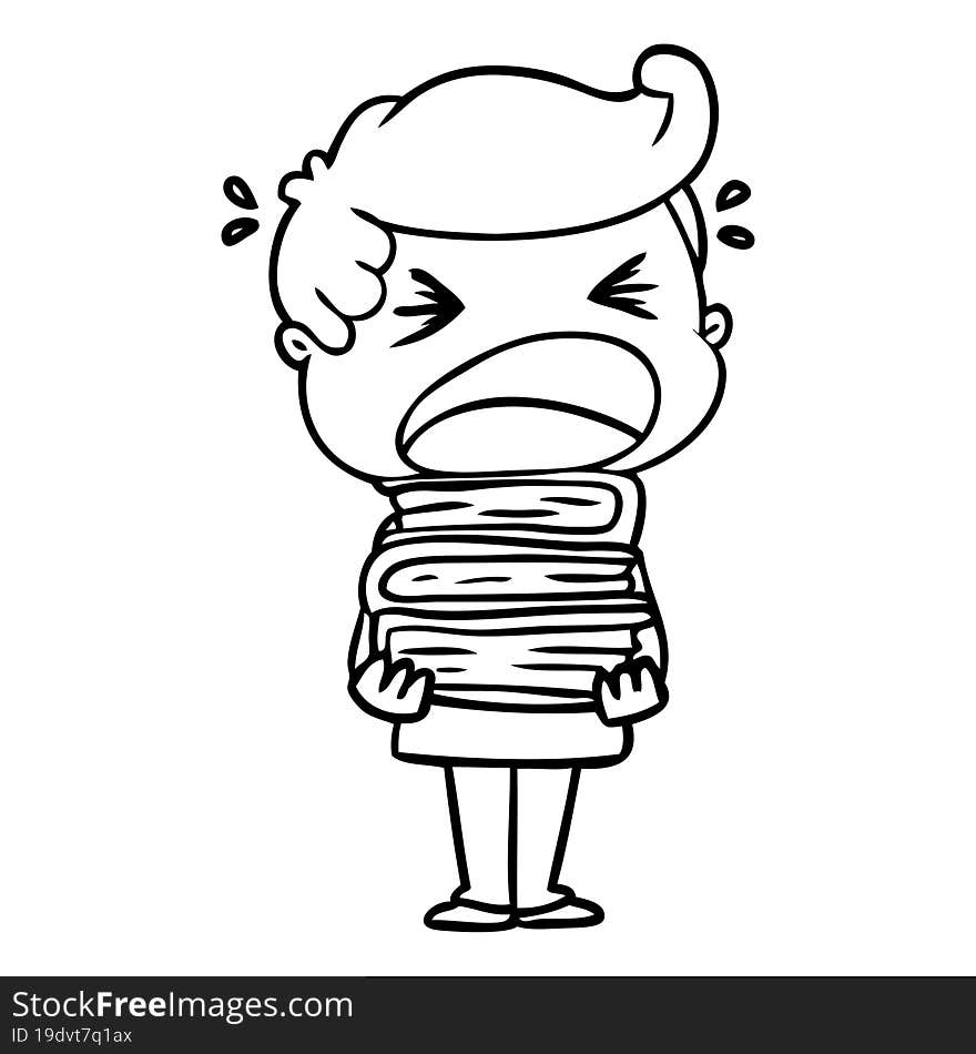 cartoon shouting man with stack of books. cartoon shouting man with stack of books