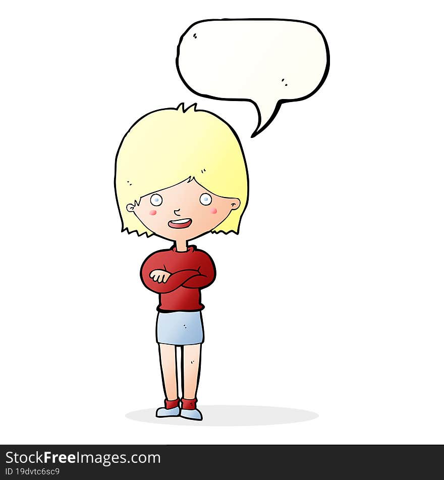 cartoon happy woman with speech bubble