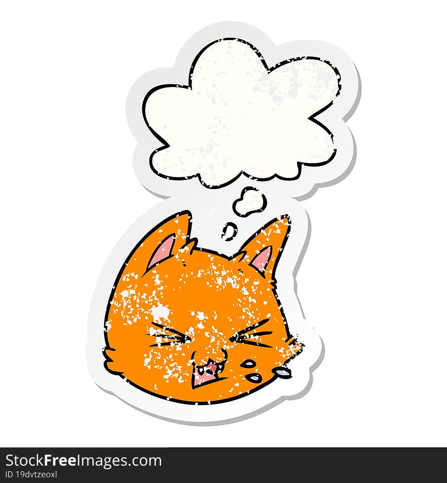 spitting cartoon cat face and thought bubble as a distressed worn sticker