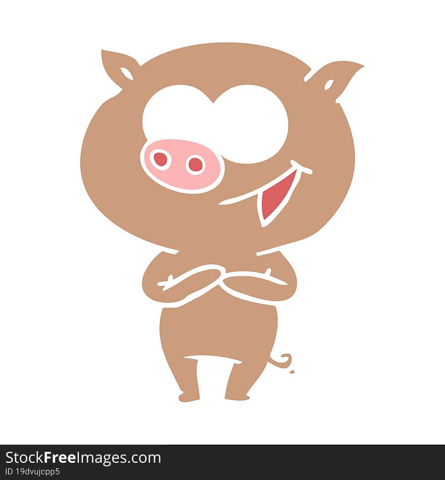 cheerful pig flat color style cartoon