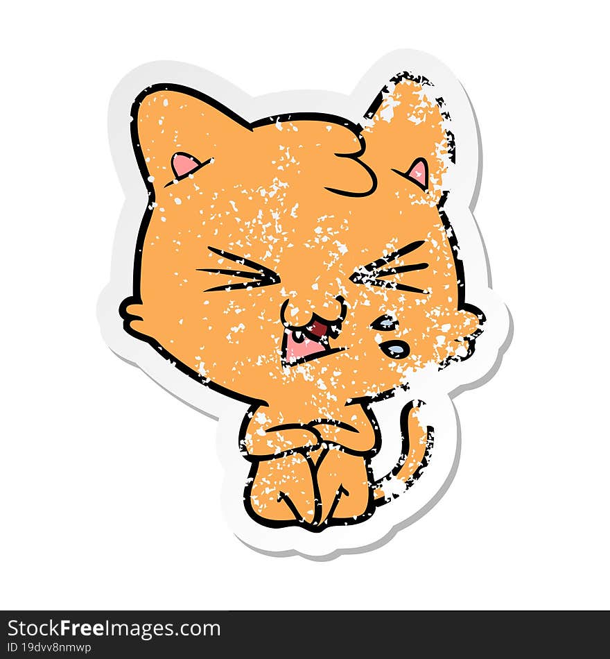 distressed sticker of a cartoon hissing cat