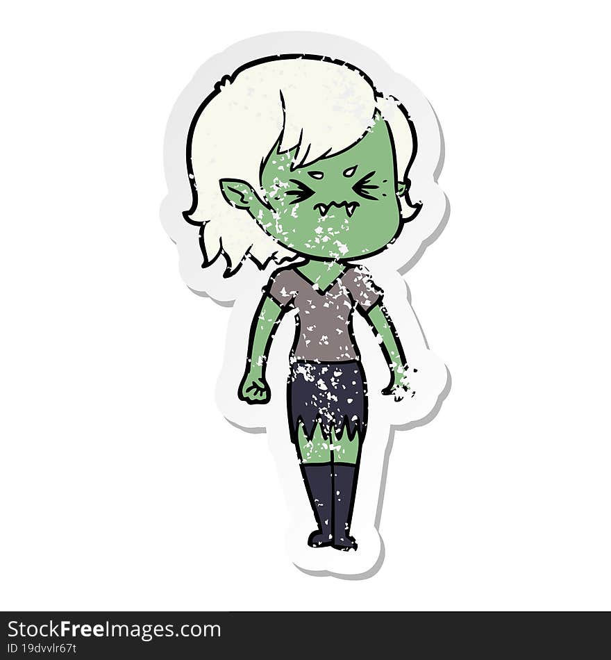 distressed sticker of a annoyed cartoon vampire girl