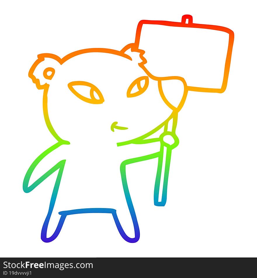 Rainbow Gradient Line Drawing Cute Cartoon Polar Bear With Protest Sign