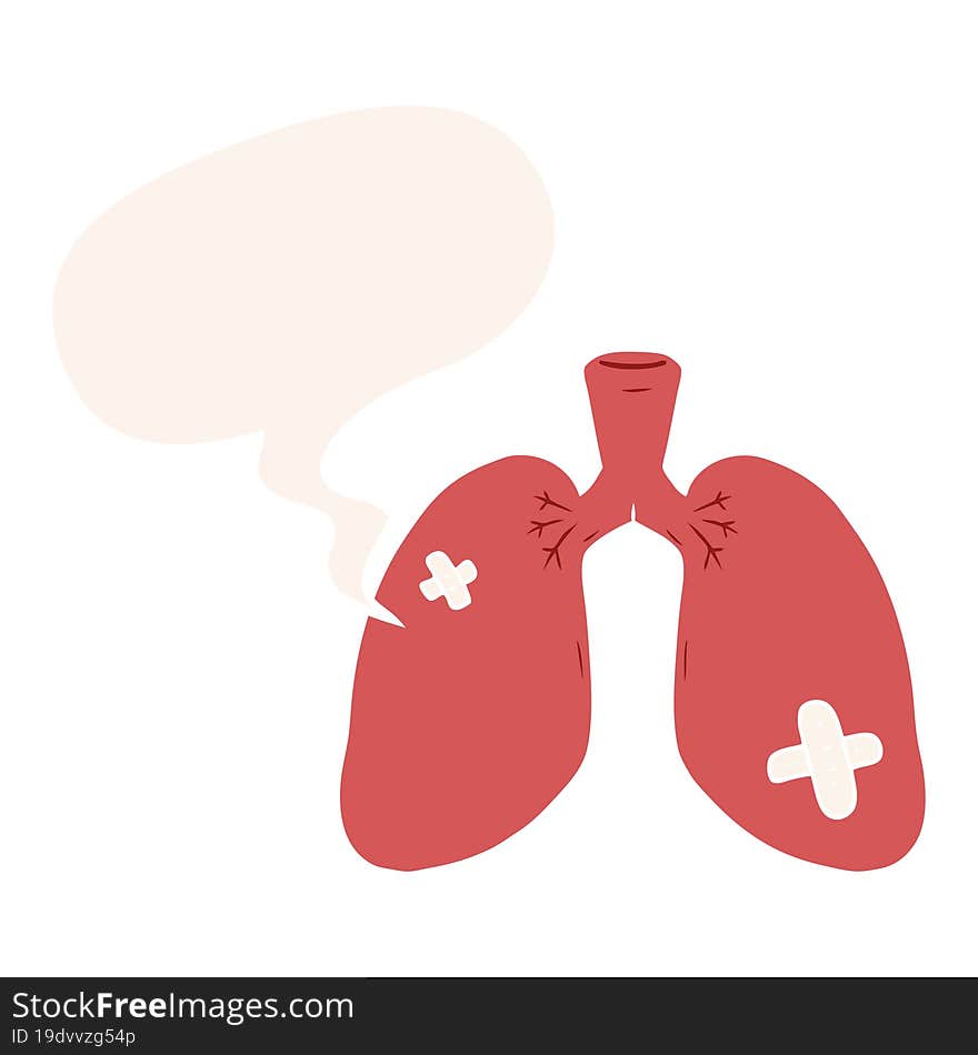 cartoon repaired lungs and speech bubble in retro style