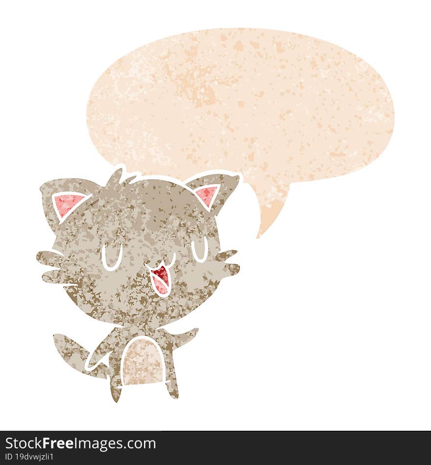 cartoon happy cat and speech bubble in retro textured style