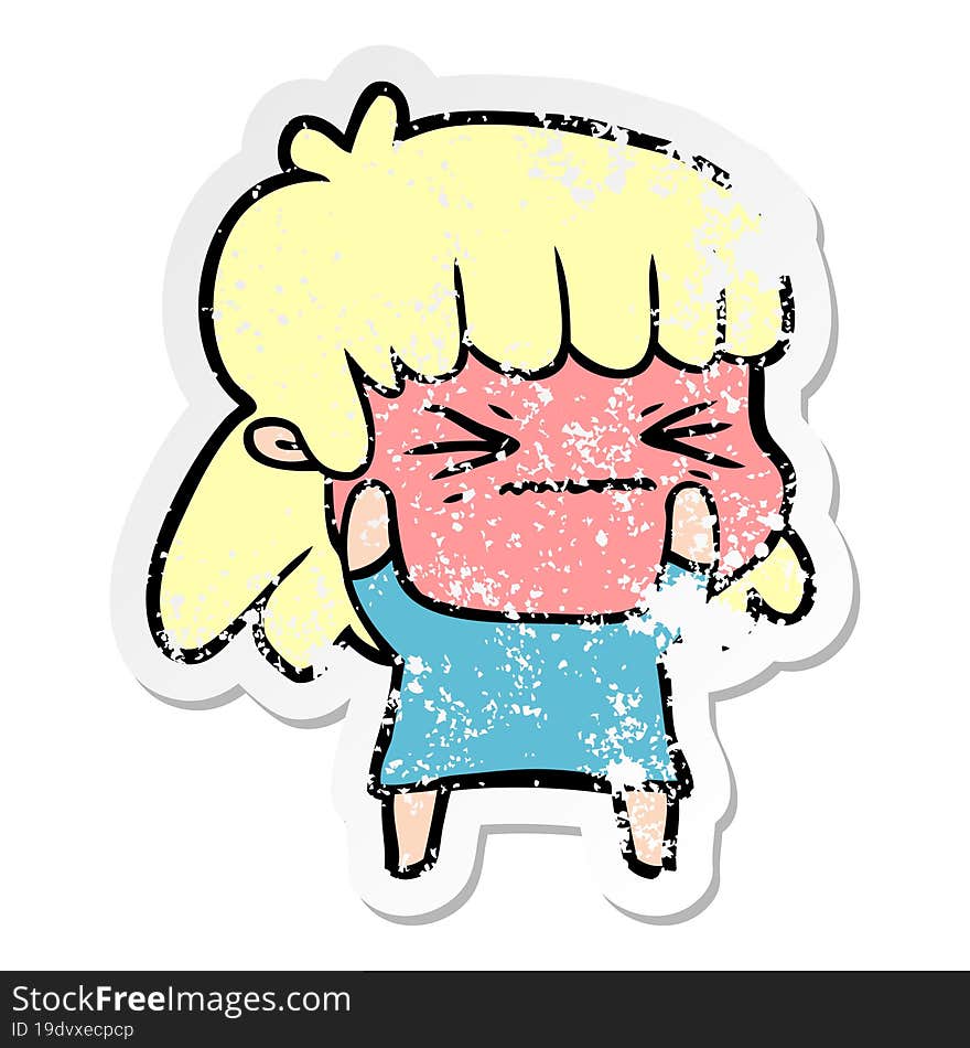 distressed sticker of a cartoon angry girl