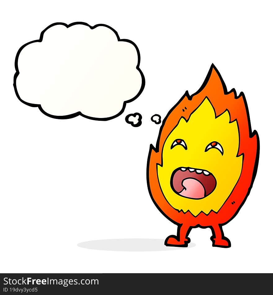 cartoon flame character with thought bubble