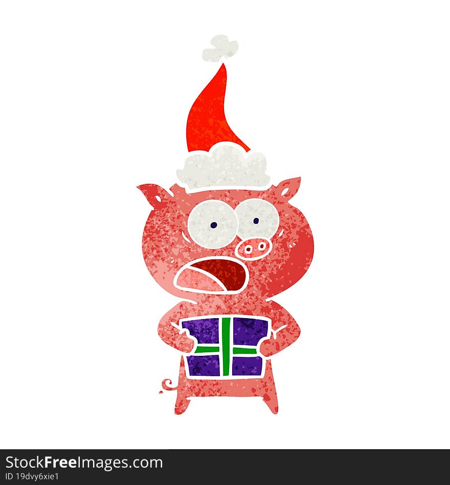 hand drawn retro cartoon of a pig with christmas present wearing santa hat