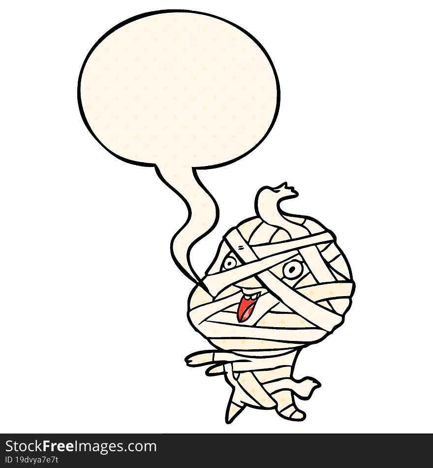 Cute Cartoon Halloween Mummy And Speech Bubble In Comic Book Style