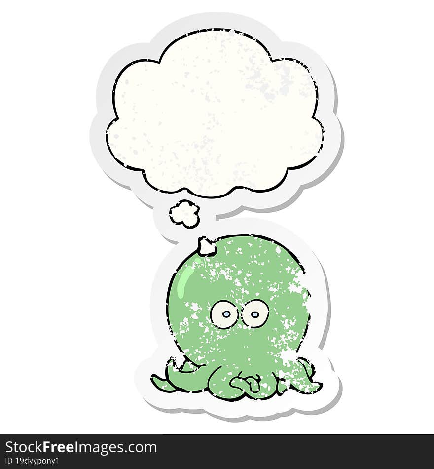 cartoon octopus and thought bubble as a distressed worn sticker