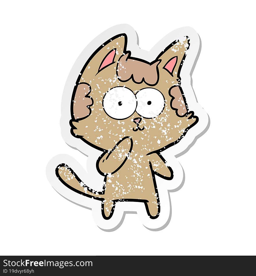 distressed sticker of a cartoon cat considering