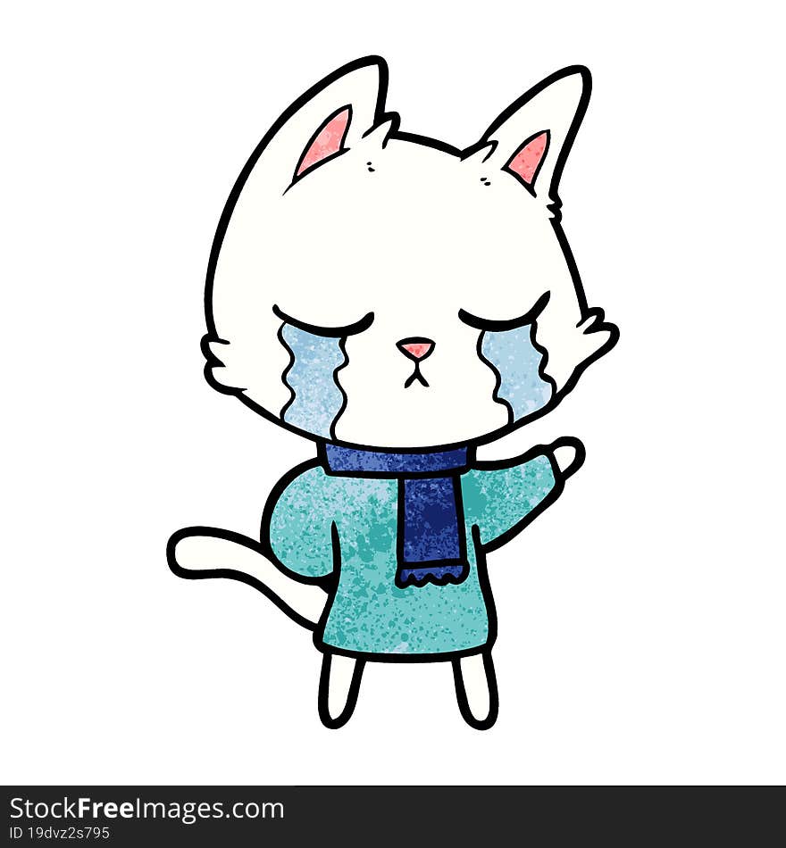 crying cartoon cat wearing winter clothes. crying cartoon cat wearing winter clothes