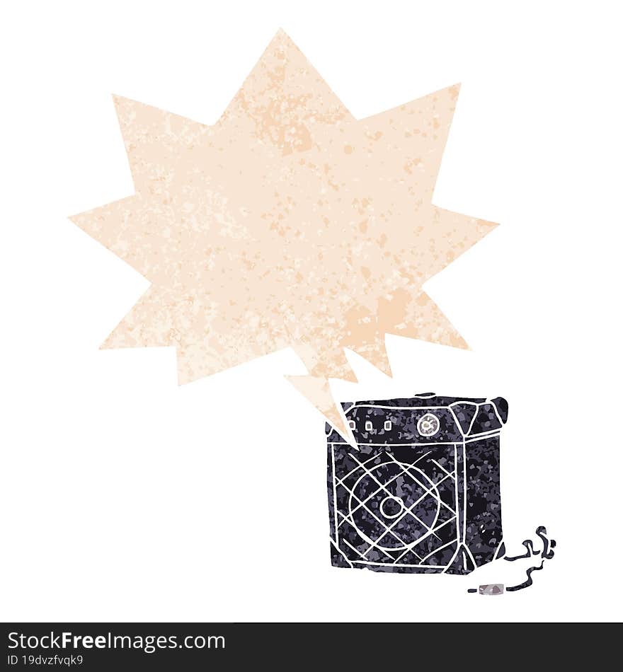 cartoon guitar amp and speech bubble in retro textured style