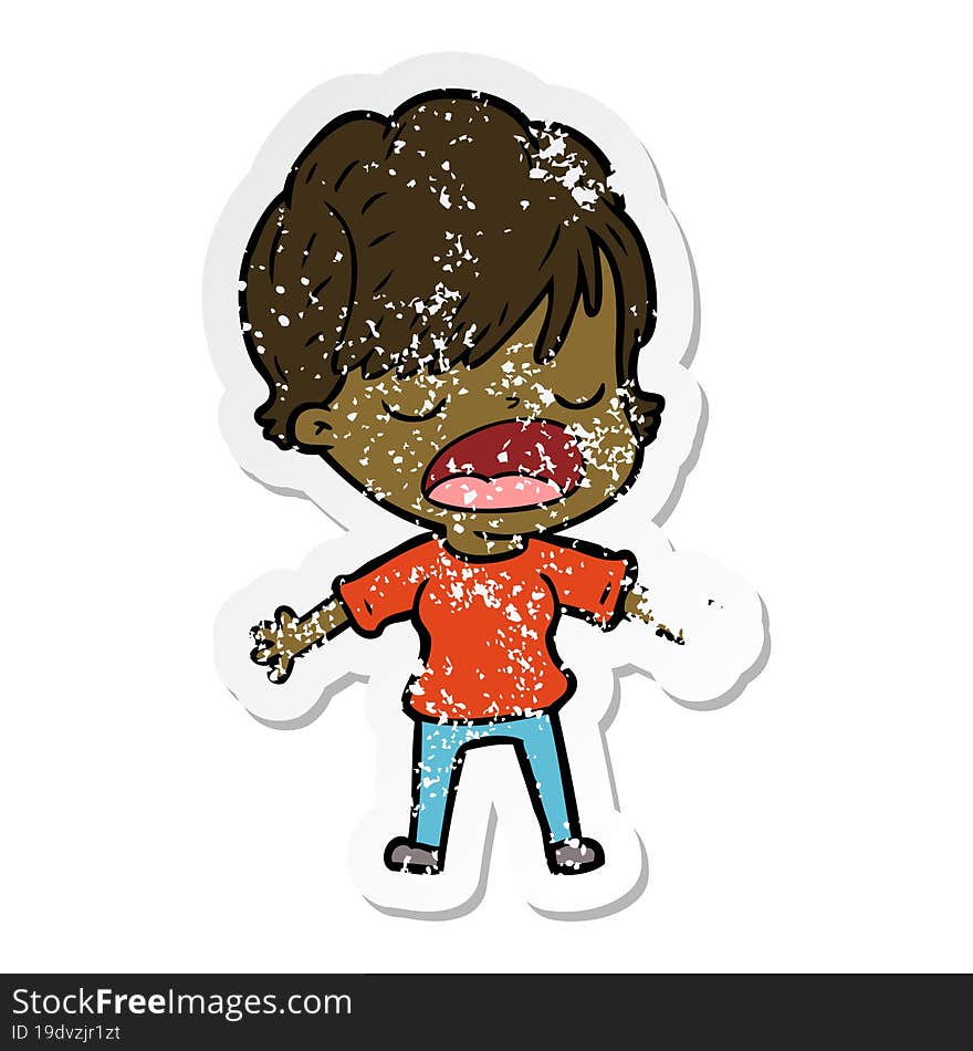 distressed sticker of a cartoon woman talking