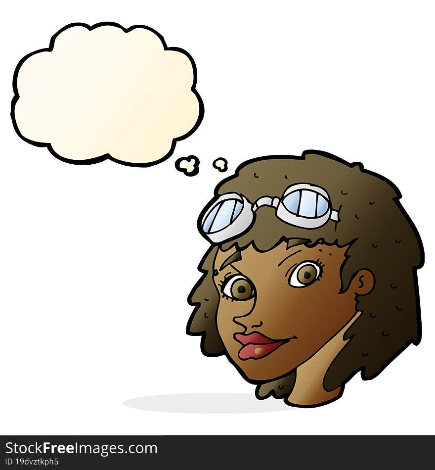 cartoon happy woman wearing aviator goggles with thought bubble