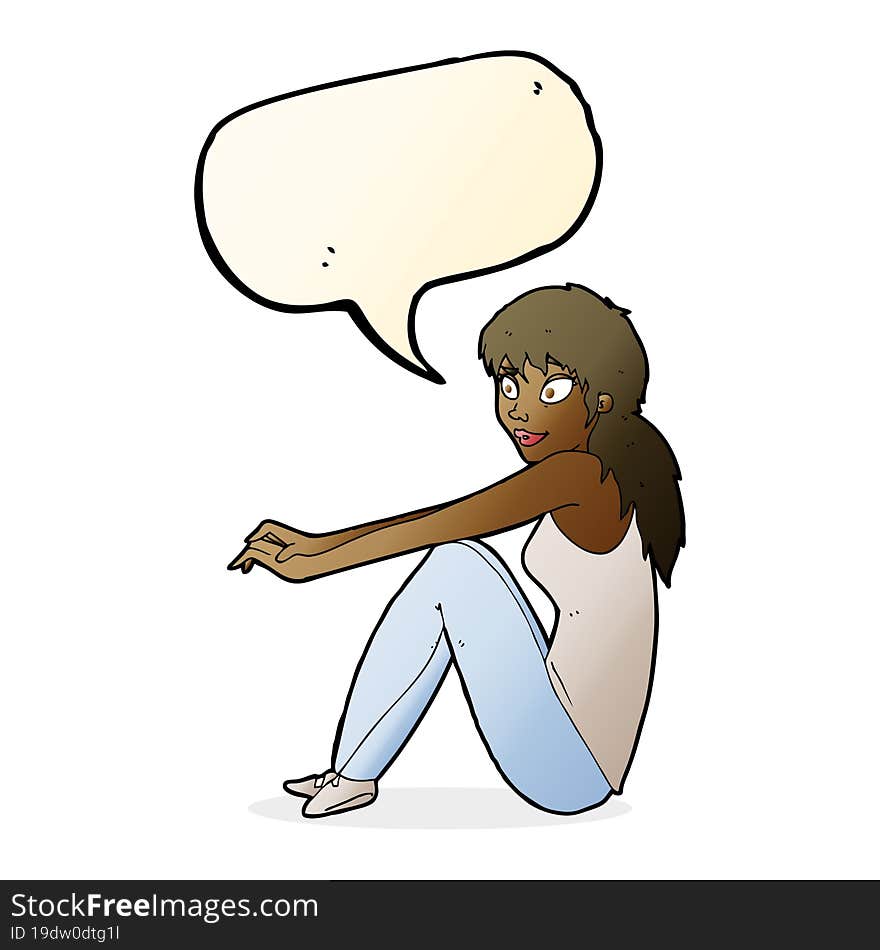 cartoon happy woman sitting with speech bubble