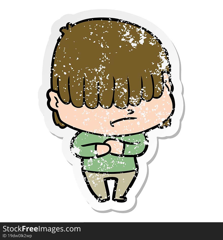 distressed sticker of a cartoon boy with untidy hair