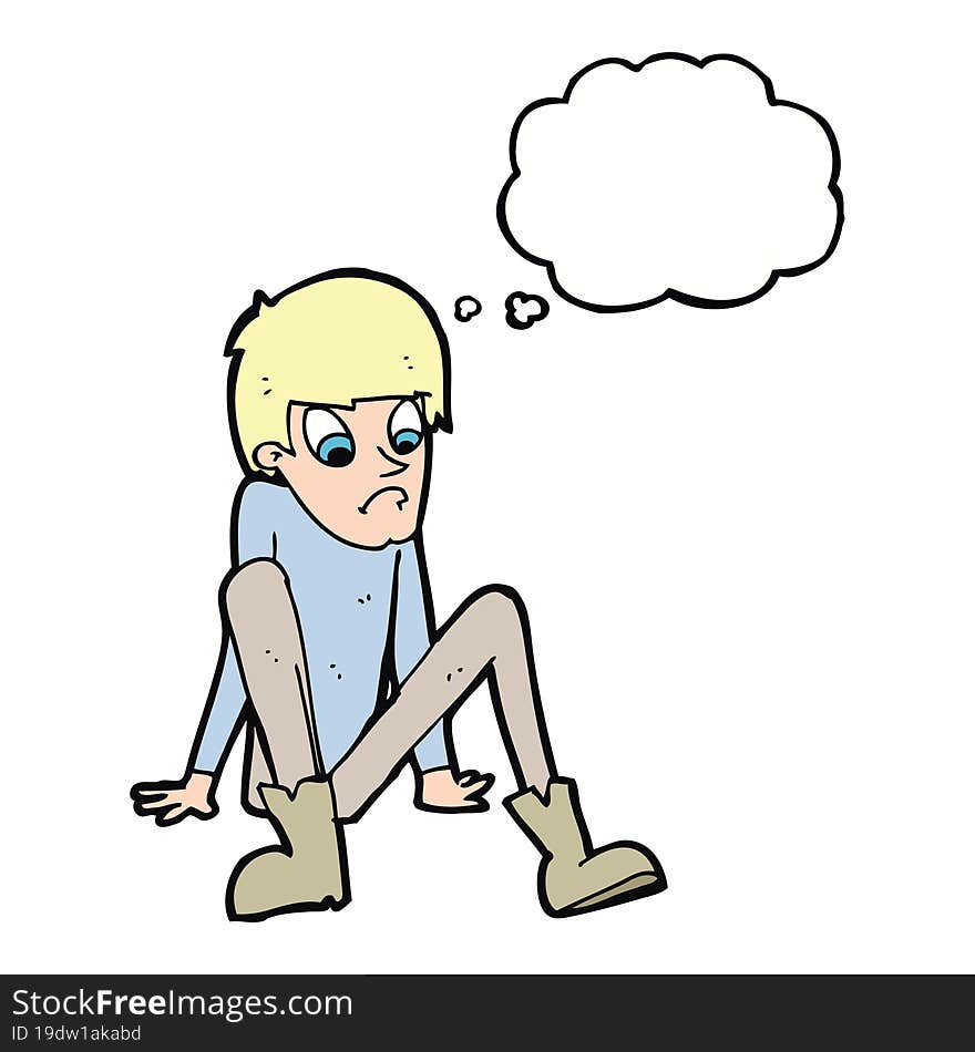 cartoon boy sitting on floor with thought bubble