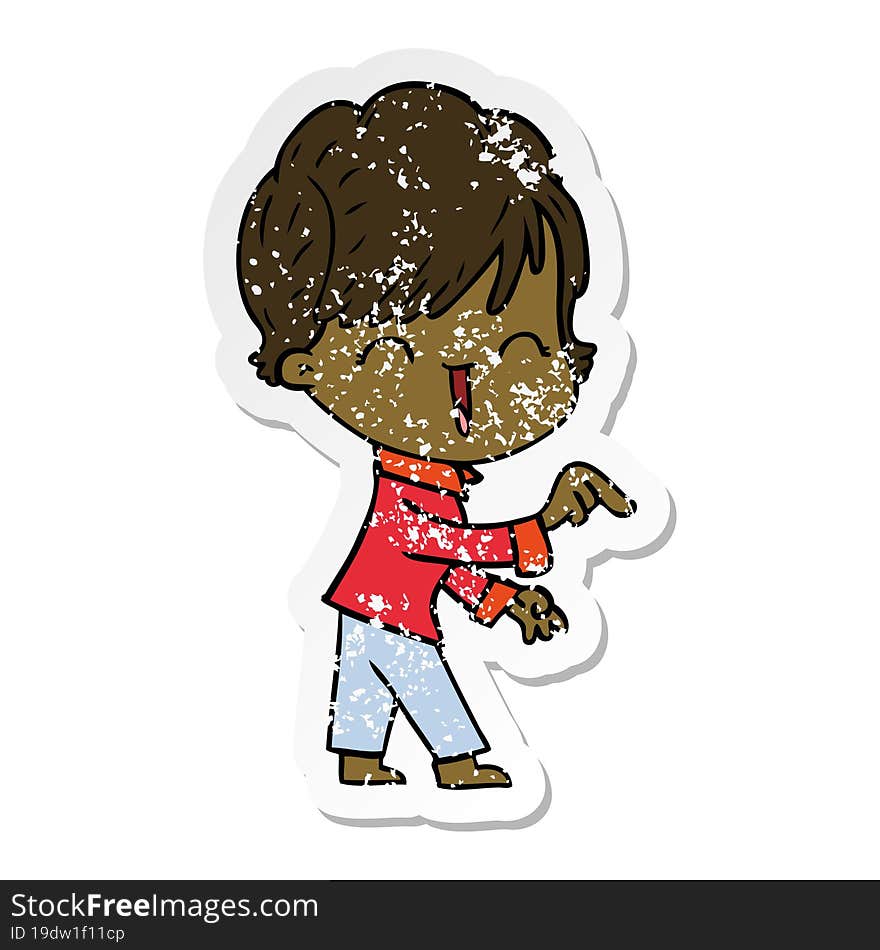 distressed sticker of a cartoon laughing woman