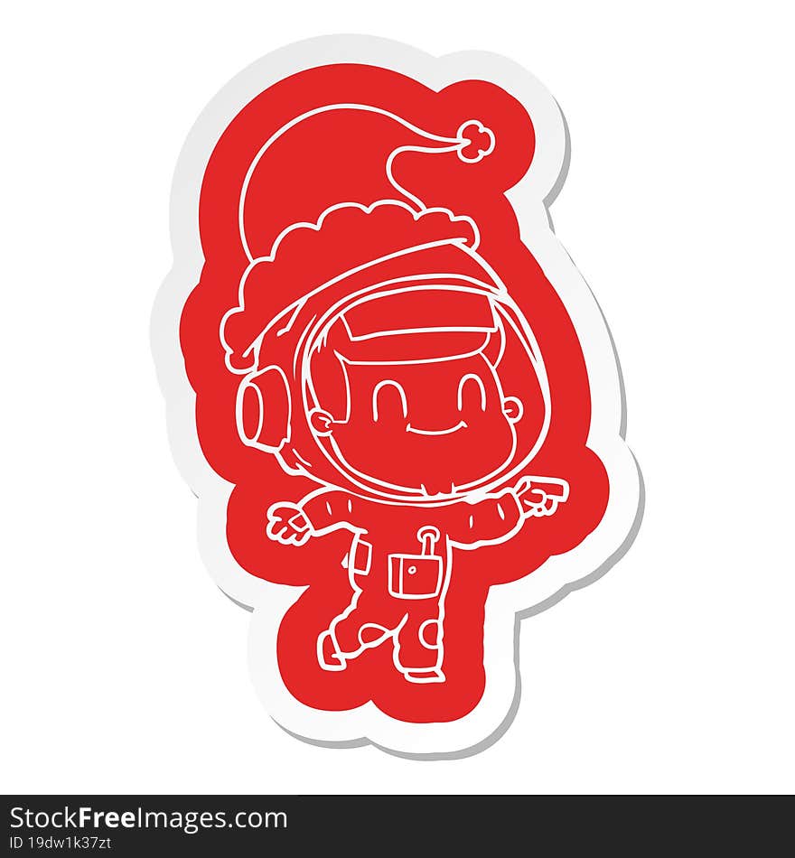 Happy Cartoon  Sticker Of A Astronaut Man Wearing Santa Hat