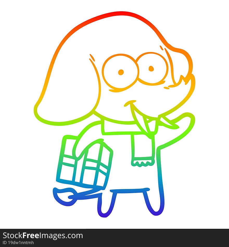 rainbow gradient line drawing of a happy cartoon elephant with present