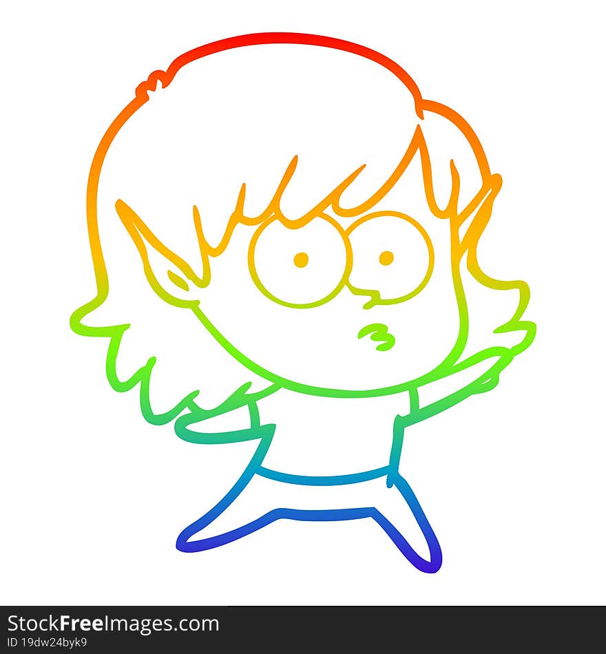 Rainbow Gradient Line Drawing Cartoon Elf Girl Staring