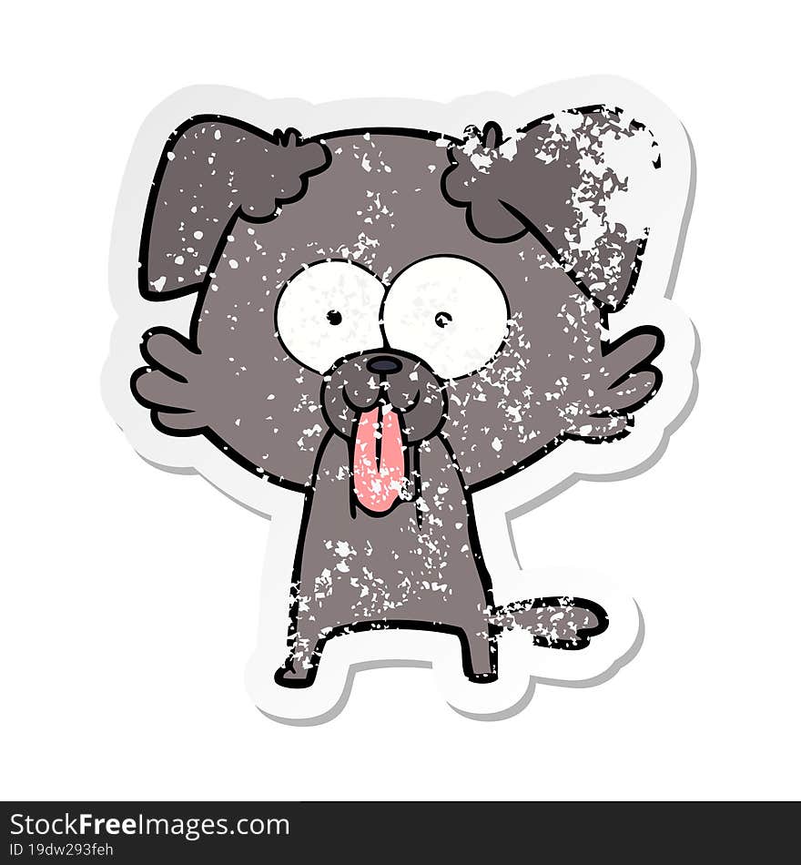 distressed sticker of a cartoon dog with tongue sticking out